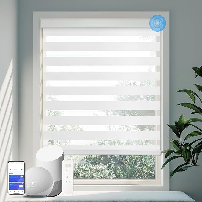 COOLWINDS Motorized Zebra Blinds for Windows Cordless Electric Curtains with Remote Control Blackout Shades Custom Smart Blinds Compatible with Alexa Google Home(Light Filtering White,W53 X 72in)