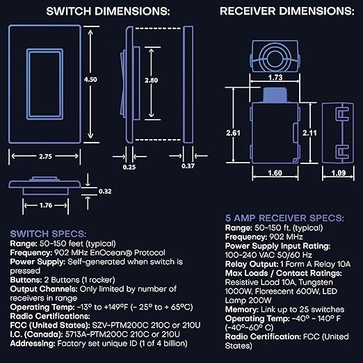 RunLessWire 2 Fixture Battery-Free DIY Kinetic Wireless Light Switch Kit 150ft RF Range for Different Fixtures or Outlets: 1 Remote Switch Controls 2 5A On/Off Receivers Simultaneously – Ivory