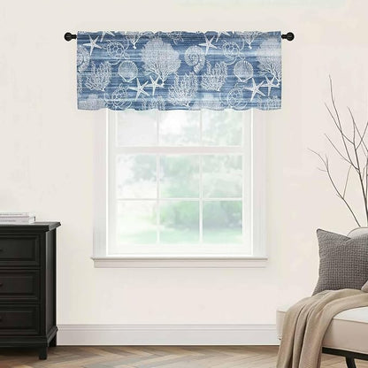 Navy Blue Retro Summer Sheer Valance Curtains, Sea Turtle Starfish Coral Ocean - Image 5
