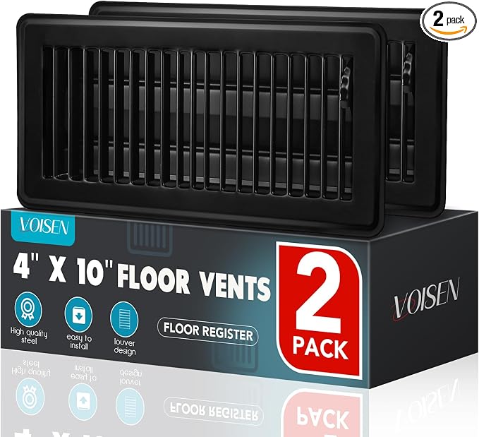 VOISEN Floor Register 4x10, 2 Pack Black Floor Vent Covers, Heavy Duty Steel by VOISEN