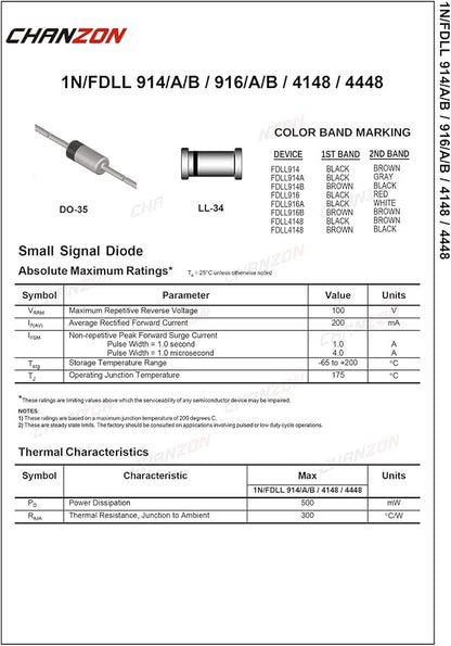 Chanzon 1N914 Small Signal Fast Switching Diodes High-Speed Axial 200mA 100V - Image 2