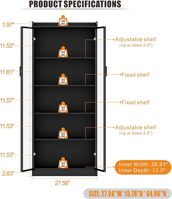 Dystler Display Cabinet with Adjustable Shelves, 65" Tall Bookcase with LED Lights/Human Sensor, 5 Tier Display Case for Collectibles Bedroom Living Room Office, Black - Transparent Acrylic Doors