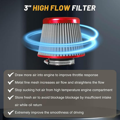 3" 76mm Universal High Flow Cold Air Intake Air Filter Upgraded Stainless Steel - Image 5