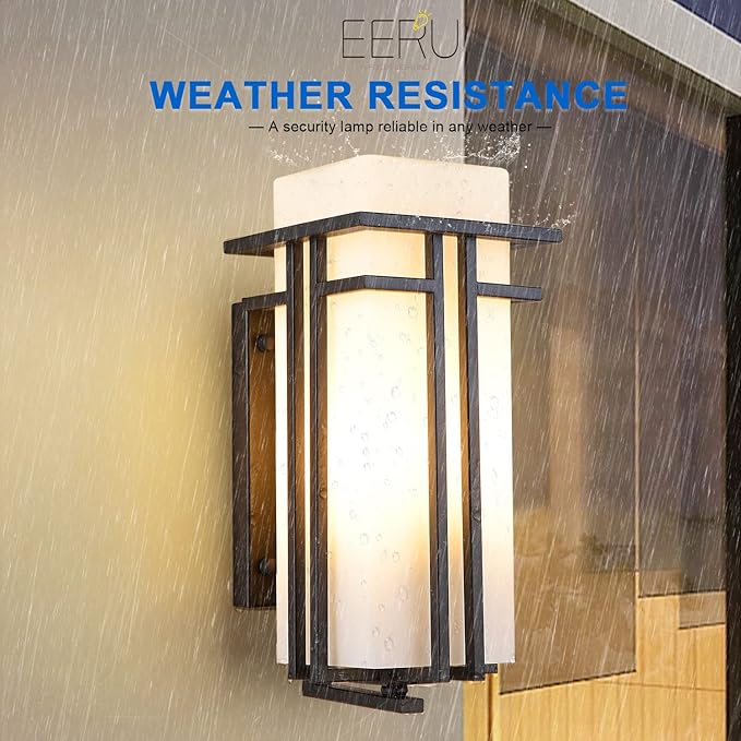 EERU Large Outdoor Wall Lights 15.35" H x 6.7" W, Waterproof Wall Lantern Exterior Light Fixture for Entryways Yards Garage Front Porch, Metal Frame with Frosted Glass, Black (Large)