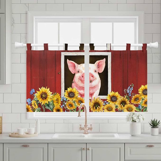 Pigs Sunflowers Kitchen Curtains 36 Inch Length, Small Window Curtains Tab Top - Image 3