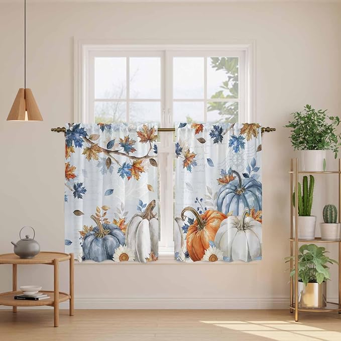 Fall Blue Maple Kitchen Curtains 45 Inch Long 2 Panel Set, Rod Pocket Window - Image 3