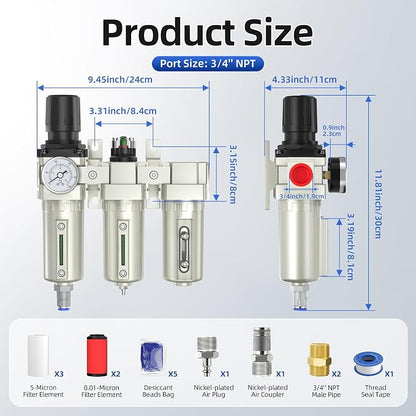 3/4" NPT Air Compressor Water Separator, Industrial Grade 3 Stage Air Drying - Image 2