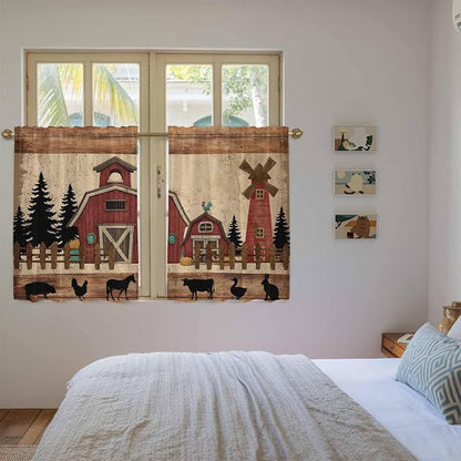 Brown Farmhouse Tier Curtains, Vintage Country Animals Wooden Grain Light - Image 4