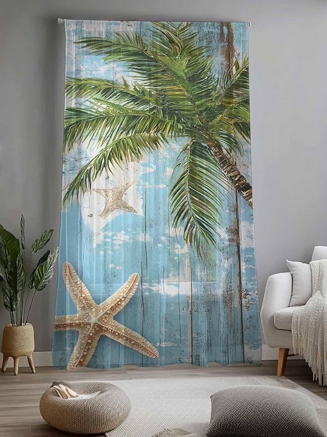 Sheer Curtains 84 Inches Long, Coastal Beach Blue Semi Sheer Curtains Light - Image 2