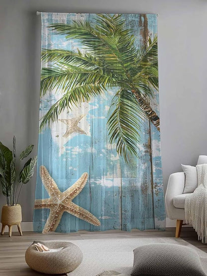 Sheer Curtains 96 Inches Long, Coastal Beach Blue Semi Sheer Curtains Light - Image 2
