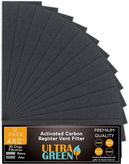 Carbon Filter 12 Pack 4" x 12" Activated Charcoal Air Vent Filters Premium by ULTRA+GREEN
