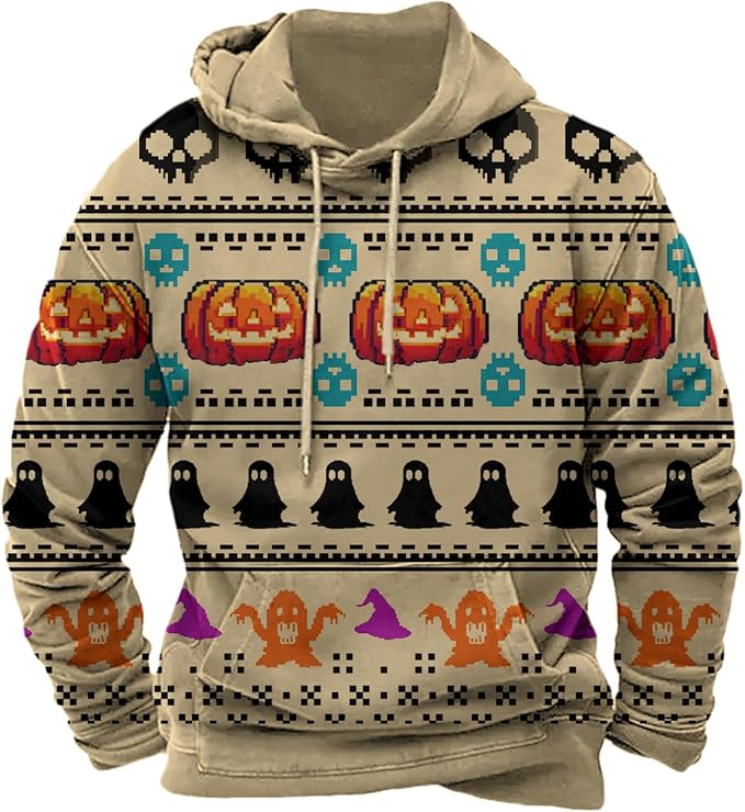 Halloween Hoodie Men Graphic Pumpkin Ghost Printed Sweatshirt Casual Trendy Long Sleeve Halloween Hooded Tops with Pockets