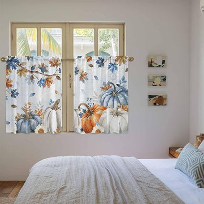 Fall Blue Maple Kitchen Curtains 54 Inch Long 2 Panel Set, Rod Pocket Window - Image 4