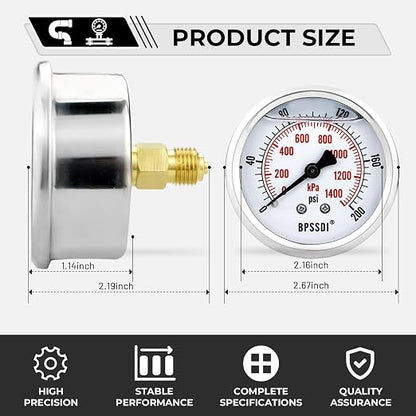 0-200 Psi Glycerin Liquid Filled Low Pressure Gauge, 2.5" Dial Size, 1/4" G - Image 3