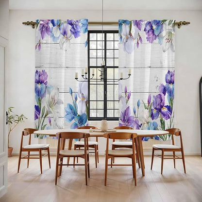 Spring Flowers Kitchen Curtains, Watercolor Garden Florals Wooden Grain Light - Image 2