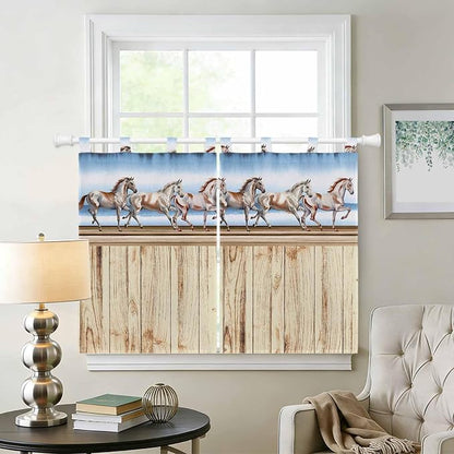Western Horse Kitchen Curtains 45 Inch Length, Short Cafe Window Curtains Tab - Image 2