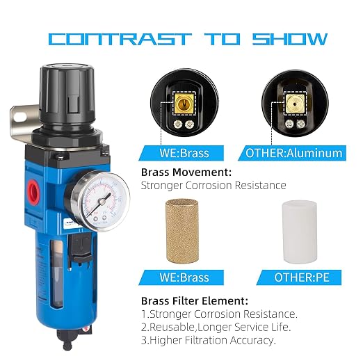 NANPU 1/2" NPT Compressed Air Filter Regulator Combo Piggyback, 5 Micron Brass - Image 5