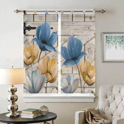 Blue Yellow Tulips Bathroom Curtains 63 Inch Length, Window Curtains Tab Top - Image 2