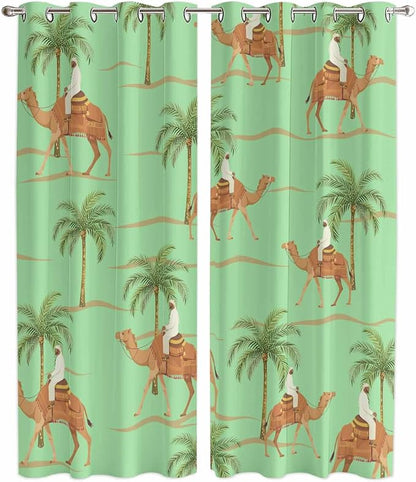 2 Panel Kitchen Cafe Curtains, Desert Camels Sunlight Filtering Nature Air by Hokiten