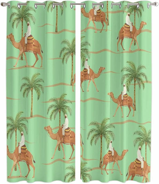2 Panel Kitchen Cafe Curtains, Desert Camels Sunlight Filtering Nature Air by Hokiten