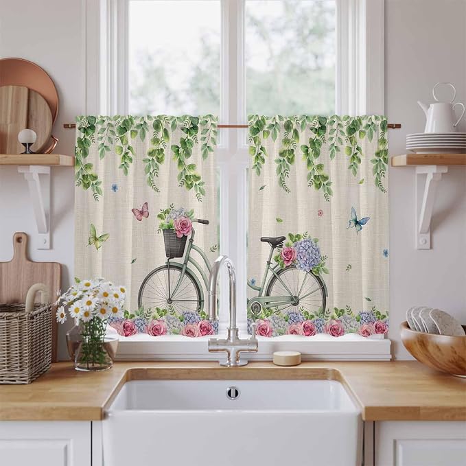 Farmhouse Spring Tier Curtains, Retro Bicycles Flowers Vines Butterfly Light - Image 2