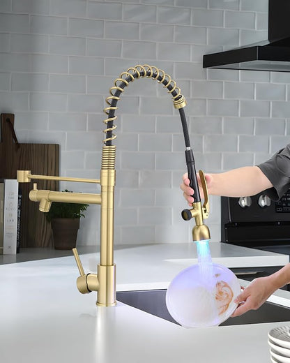 Fapully Single Handle High Arc Brushed Gold Pull Down Kitchen Faucet LED - Image 4