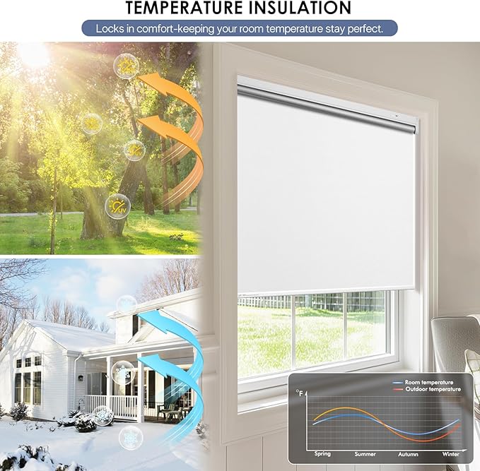Motorized Blackout Smart Roller Blinds with Remote Control & Solar Panel - Automatic Electric Shades for Windows, Compatible with Alexa - White,32" W*72" H