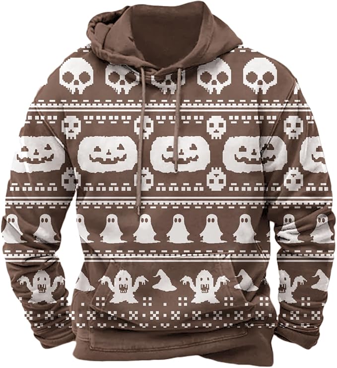 Halloween Hoodie Men Graphic Pumpkin Ghost Printed Sweatshirt Casual Trendy Long Sleeve Halloween Hooded Tops with Pockets
