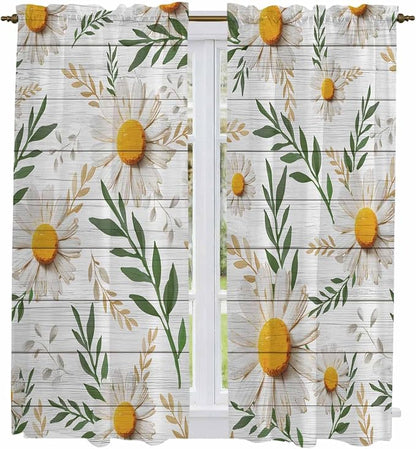 Spring Daisy Kitchen Curtains, Farmhouse Country Flower Leaf Plant Wood Grain by Unknown