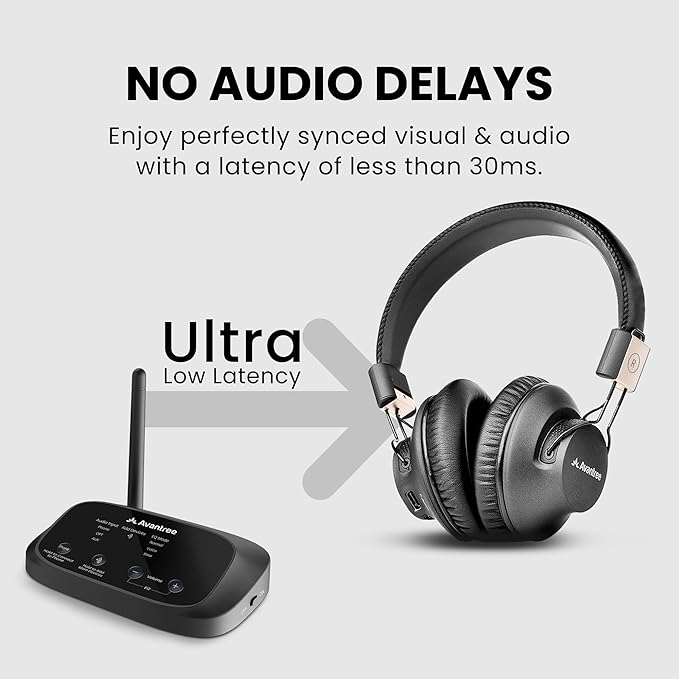 Avantree Quartet 2 - Wireless Group Listening Headphones & Transmitter for TV, Church, Classroom, Silent Discos, Plug & Play, 2.4GHz Expandable Multi-Headphone System with Low Latency & Clear Voice