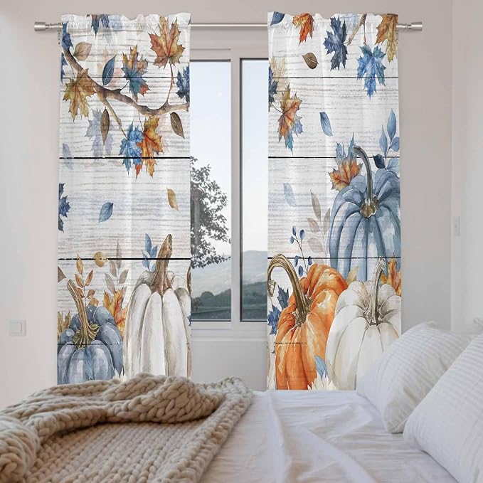 Thanksgiving Pumpkin Window Curtains 72 Inch Long 2 Panel Set, Rod Pocket Long - Image 4