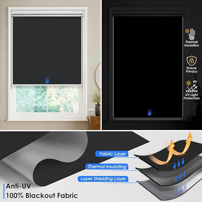 Motorized Roller Blinds with Remote Control & Solar Panel - 100% Blackout Smart Blinds, Automatic, Cordless, Electric Shades - Compatible with Alexa - Black, 48" W x 72" H