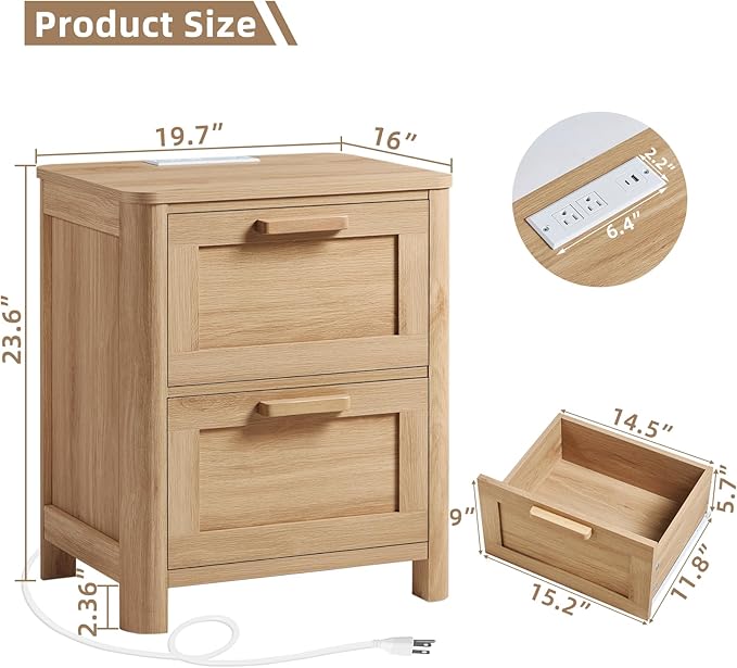 Joaxswe Farmhouse Nightstand Set of 2 with Charging Station, End Tables Bedroom with 2 Large Drawers & 4 Thickened Table Legs, Natural Wood