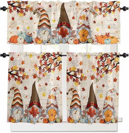 Fall Gnomes Kitchen Curtain Set, Thanksgiving Maple Leaf Rustic Pumpkin Window by Unknown