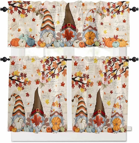 Fall Gnomes Kitchen Curtain Set, Thanksgiving Maple Leaf Rustic Pumpkin Window by Unknown