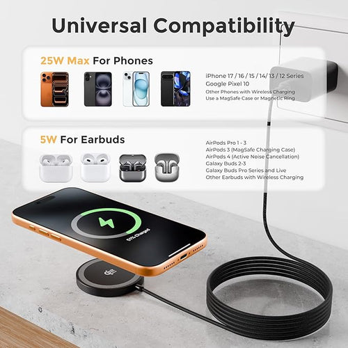 25W Magnetic Wireless Charging Pad: Qi2.2 Qi2 MagSafe Fast Charger for Google Pixel 10 iPhone 17 16 Pro Max 16e 15 14 13 12 AirPods & Samsung Galaxy Series Gift Ideal for Desk & Travel (Black, 2Pack)