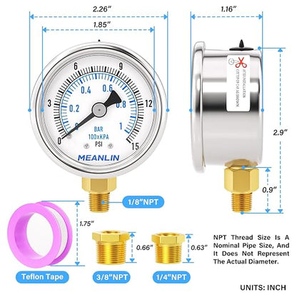 MEANLIN MEASURE 0~15Psi Dry Low Pressure Gauge Stainless Steel 1/" NPT 2" FACE - Image 2