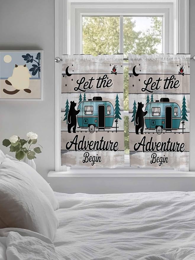 Farmhouse Bear Camper Van Tree Window Valance Curtains, Vintage Wood Grain - Image 3