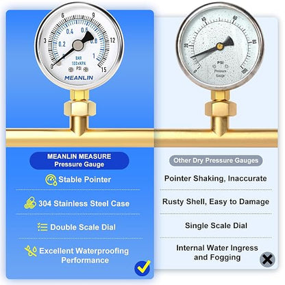 MEANLIN MEASURE 0~15Psi Dry Low Pressure Gauge Stainless Steel 1/4" NPT 2" FACE - Image 5
