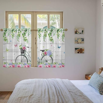 Spring Tier Curtains, Bicycles Botanical Rose Leaves Butterfly Wood Grain Light - Image 4