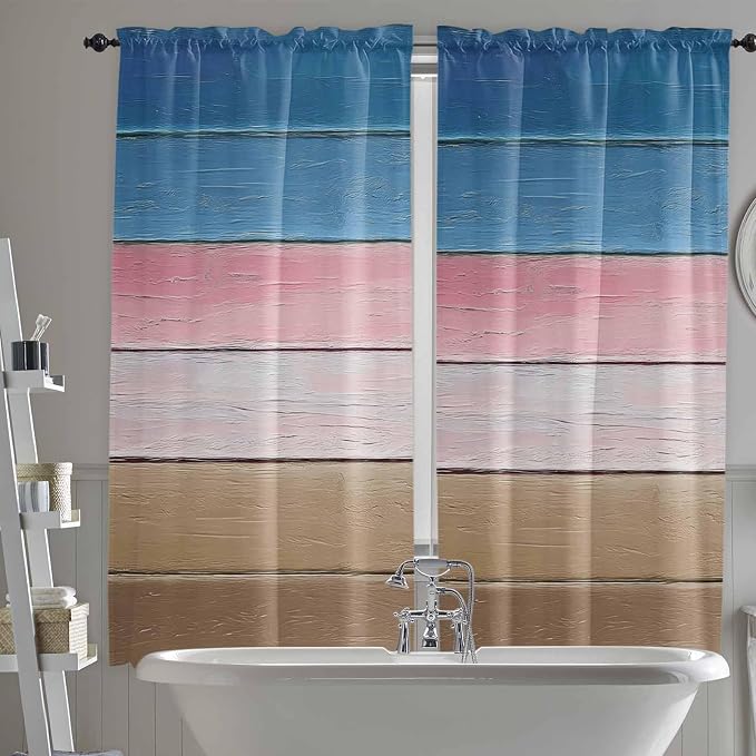 Blue Pink Brown Gradient Wood Grain Window Valance Curtains, Vintage Wood Board by IDOWMAT