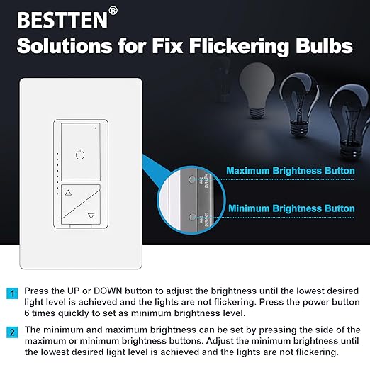 BESTTEN 10 Pack Super Slim Digital Dimmer with Air Gap Power Cut Off Switch, Single Pole or 3 Way Dimmable Light Dimmer Switch, 3 Button Control, Screwless Wallplate Included, ETL Listed, White