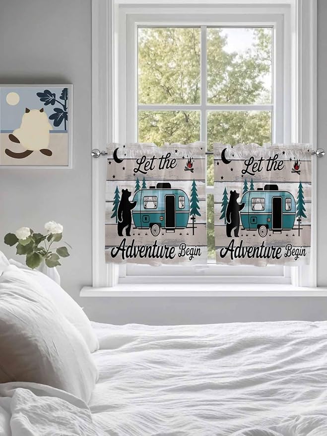 Farmhouse Bear Camper Van Tree Window Valance Curtains, Vintage Wood Grain - Image 4