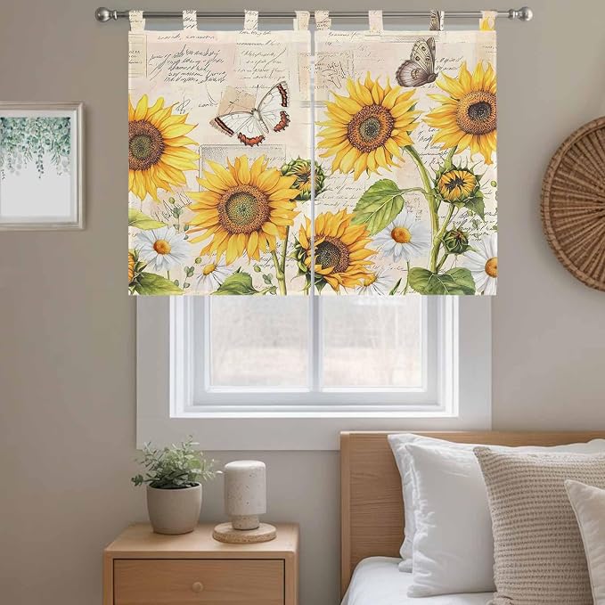 Yellow Sunflowers Kitchen Curtains 45 Inch Length, Short Cafe Window Curtains - Image 9