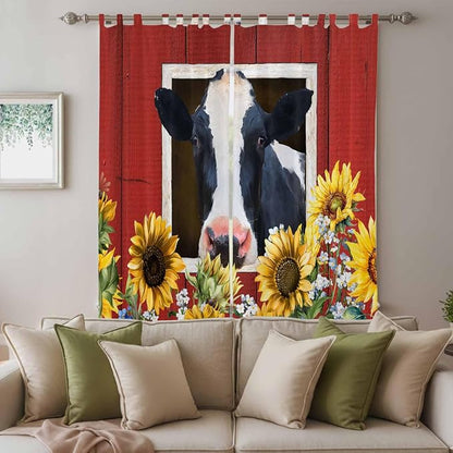 Cow Sunflowers Living Room Curtains 84 Inch Length, Window Curtains Tab Top - Image 3