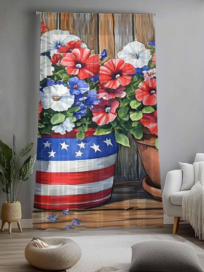 Sheer Curtains 96 Inches Long, Retro Independence Day Flag Wood Grain Privacy - Image 2