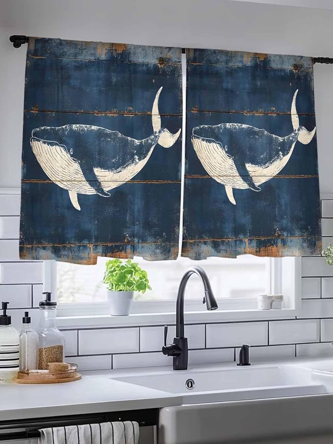 Sheer Curtains 45 Inch Length, Summer Whale Blue Semi Sheer Curtains Light - Image 5