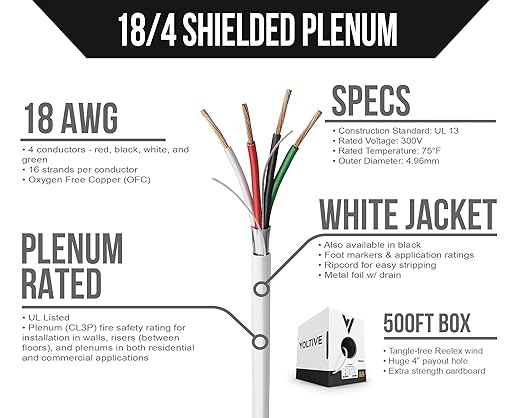 Voltive 18/4 Shielded Low Voltage Wire, Plenum CL3P, White, 500ft - 18AWG, 4 Conductors, Overall Shield, Stranded Bare Copper, UL Listed - V-1264-1
