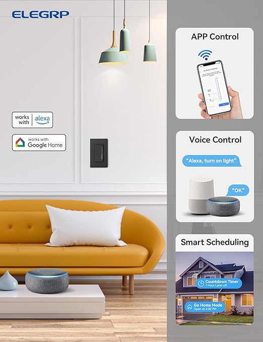 ELEGRP Smart Dimmer Light Switch DTR30, Single Pole or 3 Way, 2.4GHz Wi-Fi Touch Dimmer Compatible with Alexa/Google Assistant, Needs Neutral Wire, No Hub Required, UL and FCC Listed, Black, 4 Pack