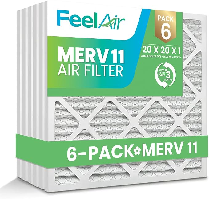 20x20x1 Air Filter – 6 Pack, MERV 11 Pleated HVAC & Furnace Filter, by Feelair
